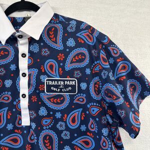 Trailer Park Golf Club Polo Shirt Mens L Blue Red Paisley Pattern Performance